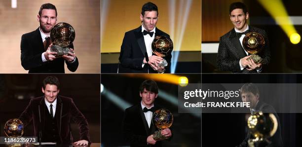 This combination of file photographs created on December 3 shows Barcelona's Argentinian forward Lionel Messi reacting as he receives the Ballon d'or...