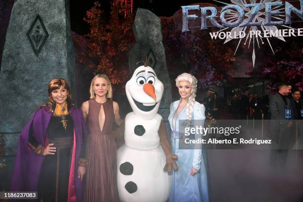 Anna, Actress Kristen Bell, Olaf, and Elsa attend the world premiere of Disney's "Frozen 2" at Hollywood's Dolby Theatre on Thursday, November 7,...