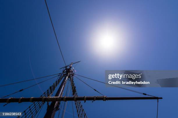 looking up at a mast from replicas of christopher columbus's boats in spain - nina stock pictures, royalty-free photos & images