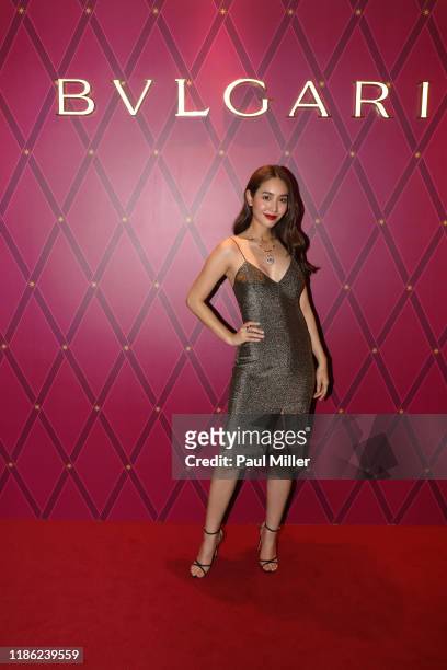 Min Pechaya poses for a photograph prior to the after party at ION Sky during Bvlgari's Serpenti Light-up Ceremony at ION Singapore on November 07,...