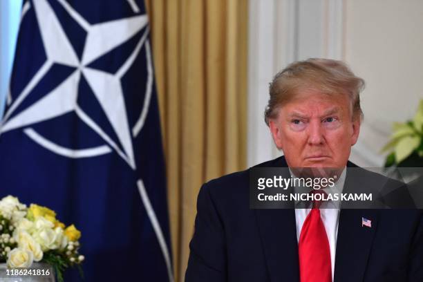 President Donald Trump speaks during his meeting with Nato Secretary General Jens Stoltenberg at Winfield House, London on December 3, 2019. - NATO...