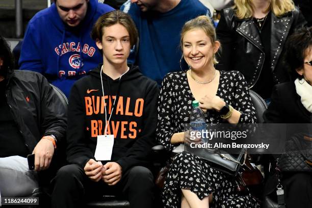 Kate Hudson and her son Ryder Robinson attend a basketball game between the Los Angeles Clippers and the Portland Trail Blazers at Staples Center on...