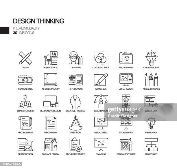 einfache satz von design denken verwandte vektor linie icons. umrisssymbol-auflistung - prototype-design-icon stock-grafiken, -clipart, -cartoons und -symbole