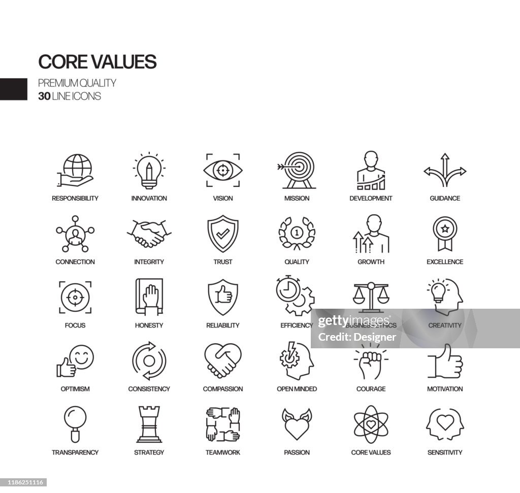 Conjunto simple de valores principales Iconos de línea vectorial relacionados. Colección de símbolos de esquema.