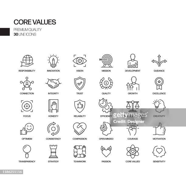 illustrations, cliparts, dessins animés et icônes de ensemble simple d'icônes de ligne vectorielle liées aux valeurs fondamentales. collection de symboles de contour. - questions sociales