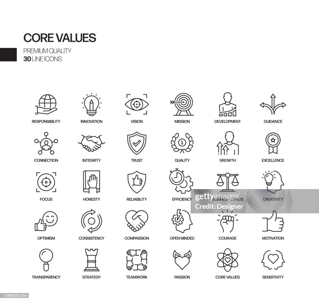 Conjunto simples de ícones da linha de vetores relacionados a valores fundamentais. Coleção de símbolos de esboço.