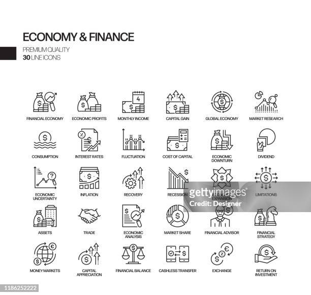 illustrazioni stock, clip art, cartoni animati e icone di tendenza di semplice set di icone di linee vettoriali relative all'economia e alla finanza. insieme outline symbol - crisi