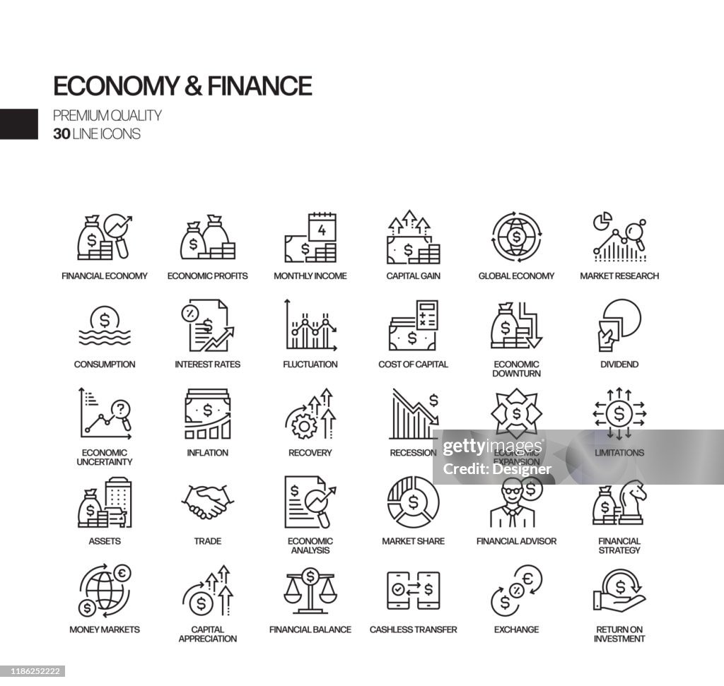 簡單的經濟與金融相關向量行圖示集。大綱符號集合
