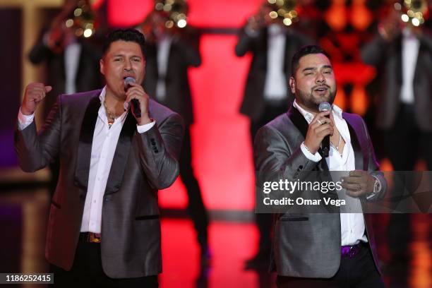 Mexican singers of Banda MS Sergio Lizarraga and Alan Manuel Ramirez Salcido perform on stage during the Premios de la Radio 2019 at Verizon Theater...