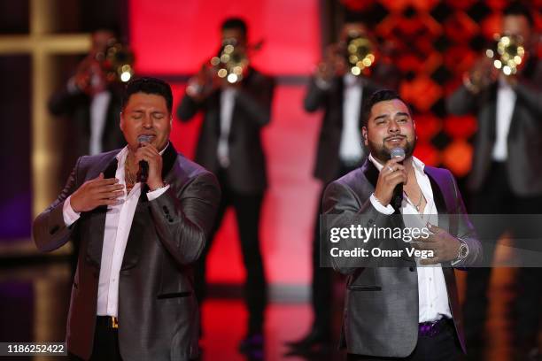 Mexican singers of Banda MS Sergio Lizarraga and Alan Manuel Ramirez Salcido perform on stage during the Premios de la Radio 2019 at Verizon Theater...