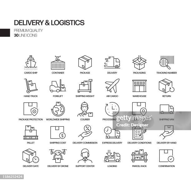 stockillustraties, clipart, cartoons en iconen met eenvoudige set van levering en logistiek gerelateerde vector lijn iconen. outline symbol-collectie - ontvangen