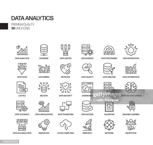 simple set of data analytics related vector line icons. outline symbol collection - data accuracy stock illustrations