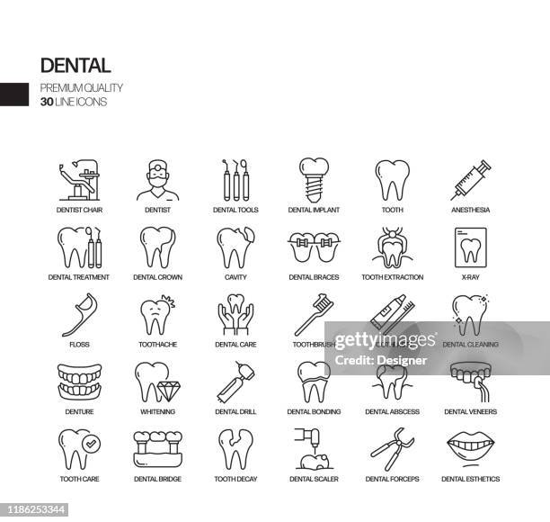 bildbanksillustrationer, clip art samt tecknat material och ikoner med enkel uppsättning av dental relaterade vektor linje ikoner. samling med dispositionssymboler - tand