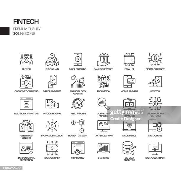 einfache set von fintech verwandte vektor linie icons. umrisssymbol-auflistung - financial technology stock-grafiken, -clipart, -cartoons und -symbole
