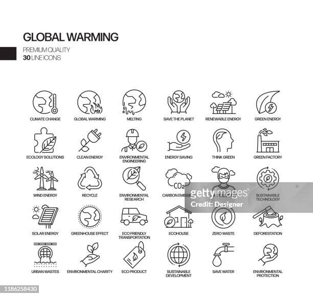ilustrações, clipart, desenhos animados e ícones de jogo simples de ícones relacionados da linha do vetor do aquecimento global. coleção de símbolos de esboço - climate