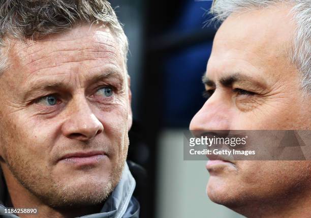 In this composite image a comparison has been made between Ole Gunnar Solskjaer, Manager of Manchester United and Jose Mourinho, Manager of Tottenham...