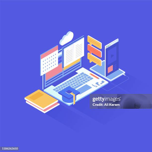 online education concept in isometric vector illustration - empty school library stock illustrations