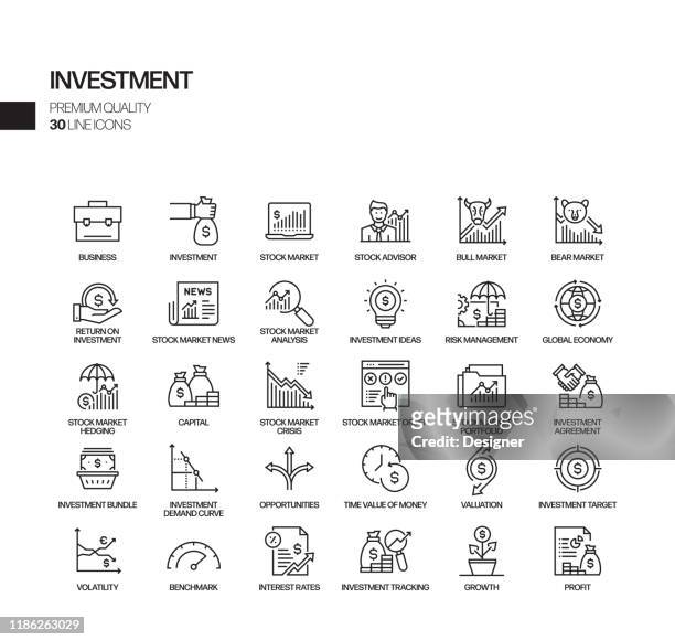 simple set of investment related vector line icons. outline symbol collection - mutual fund stock illustrations