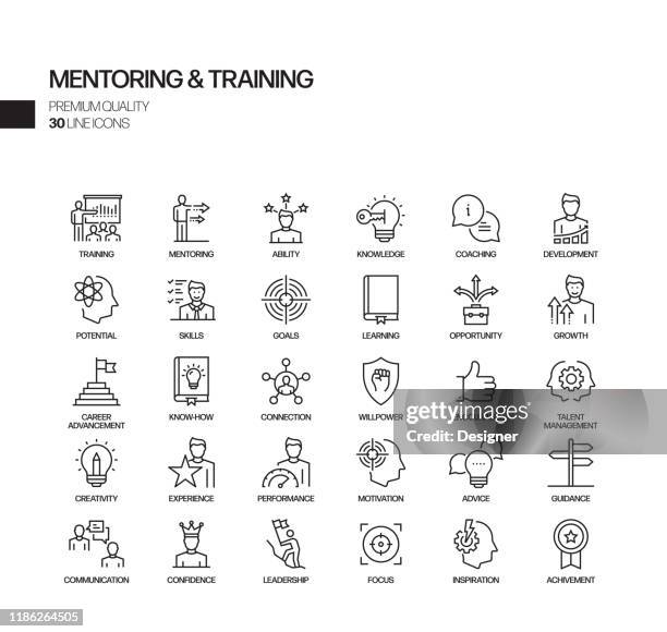 ilustraciones, imágenes clip art, dibujos animados e iconos de stock de conjunto simple de iconos de línea vectorial relacionados con mentoring y entrenamiento. colección de símbolos de esquema - talent