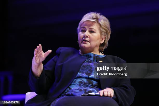 Erna Solberg, Norway's prime minister, gestures while speaking at the North Atlantic Treaty Organisation Engages outreach event in London, U.K., on...