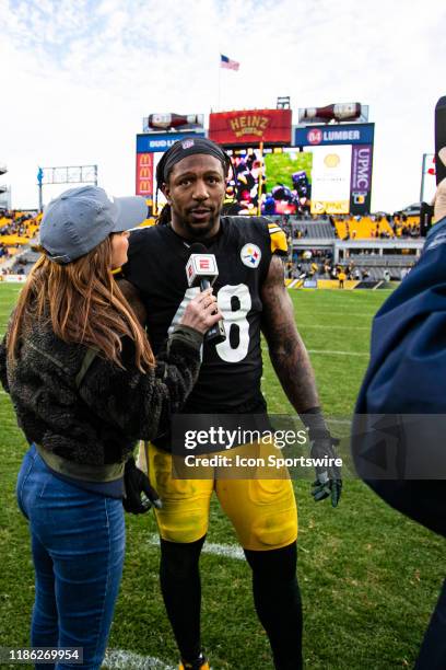 Pittsburgh Steelers outside linebacker Bud Dupree is interviewed by ESPN reporter Dianna Russini during the NFL football game between the Cleveland...