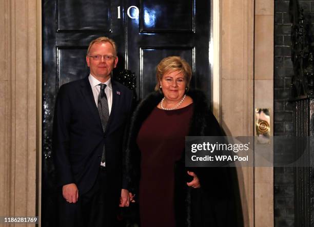 Prime Minister of Norway Erna Solberg and her husband Sindre Finnes arrive at 10 Downing Street ahead of a NATO reception hosted by British Prime...