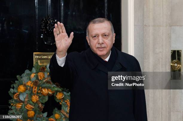 Turkish President Recep Tayyip Erdogan arrives at 10 Downing Street to attend a meeting between leaders of Germany, France and Turkey hosted by Prime...