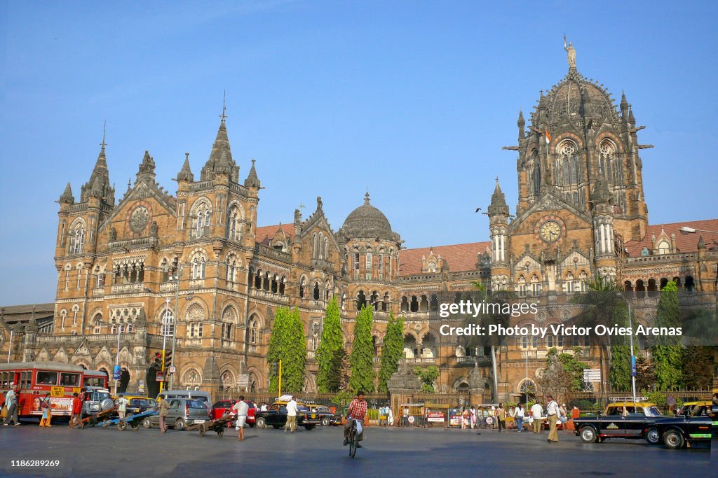 Chhatrapati Shivaji Terminus (formerly Victoria Terminus) the historic terminal train station and UNESCO World Heritage Site in Mumbai, Maharashtra, India.