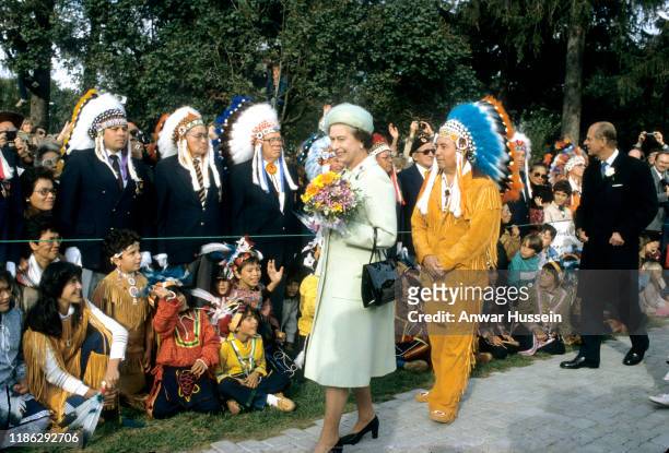 Queen Elizabeth II visits the Six Nations Indian Reserve in Brantford Ontario during her Royal Tour of Canada on September 1984 in Brantford, Canada.