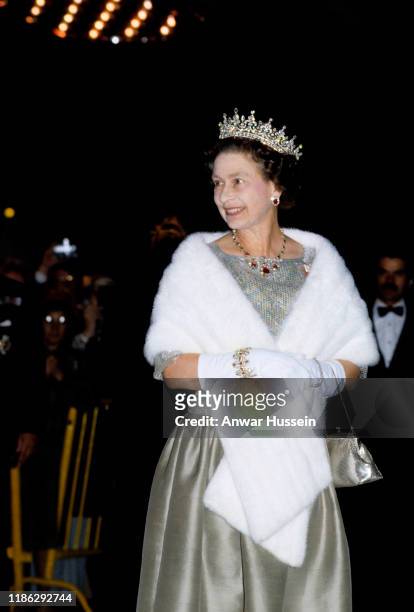 Queen Elizabeth II attends a banquet in Toronto during their Royal Tour of Canada in September 1984 in Toronto, Canada.