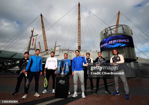 Dominic Thiem of Austria, Novak Djokovic of Serbia, Matteo Berrettini of Italy, Roger Federer of Switzerland, Rafael Nadal of Spain, Alexander Zverev...