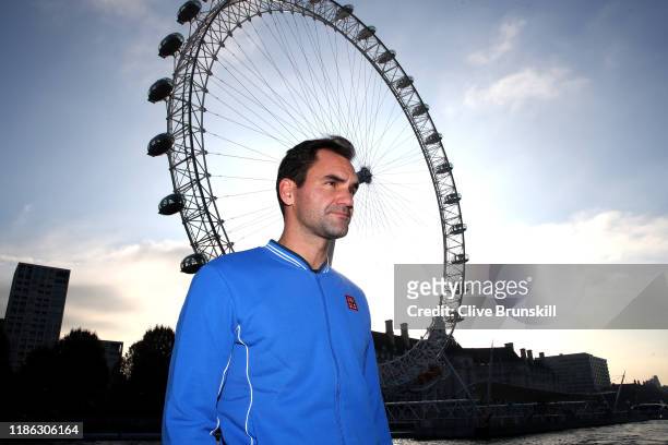 Roger Federer of Switzerland looks on from a boat on The River Thames during previews for the Nitto ATP Finals at The O2 Arena on November 08, 2019...