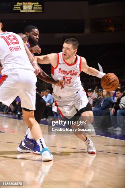 Matt Mooney of the Memphis Hustle drives against Keljin Blevins of the Northern Arizona Suns on December 3 at the Findlay Toyota Center in Prescott...