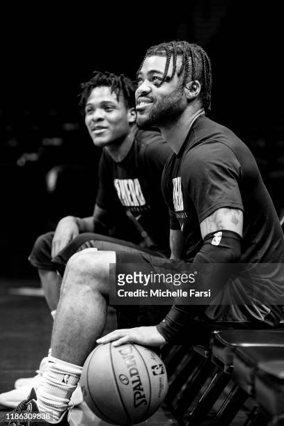 Frank Mason and Jemerrio Jones of the Wisconsin Herd before an NBA G-League game against the Long Island Nets on December 3, 2019 at NYCB Live! Home...