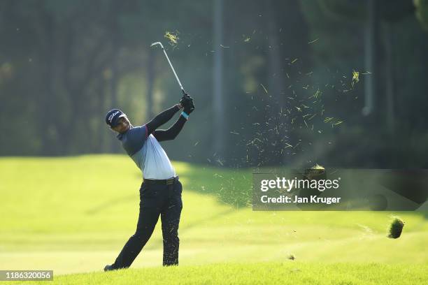 Aaron Rai of England plays his second shot on the fifteenth hole during Day Two of the Turkish Airlines Open at The Montgomerie Maxx Royal on...