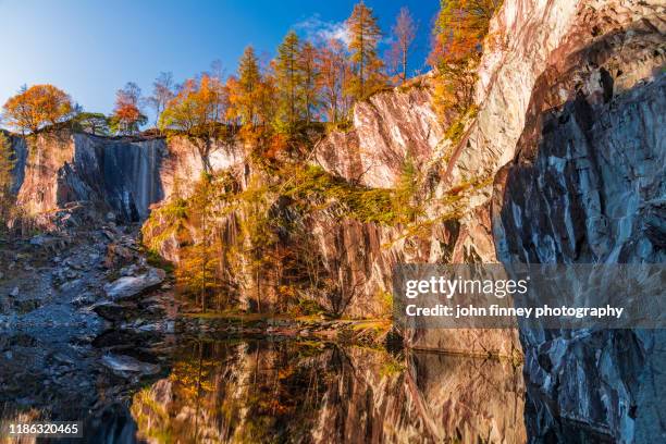 lake district - coniston - quarry - autumn - rustic - slate mine - england - reclaimed land stock pictures, royalty-free photos & images