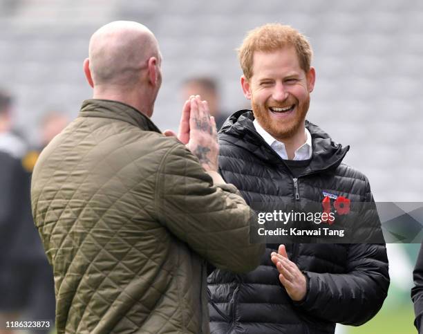 Prince Harry, Duke of Sussex and Gareth Thomas attend a Terrence Higgins Trust event ahead of National HIV Testing Week at Twickenham Stoop on...