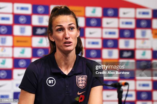 Jill Scott of England speaks to the media during a press conference on the eve of the Women's International Friendly between England and Germany at...