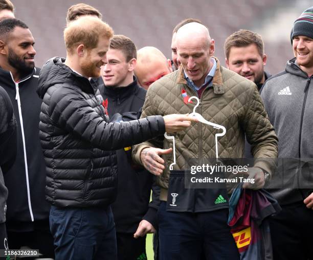 Prince Harry, Duke of Sussex and Gareth Thomas attend a Terrence Higgins Trust event ahead of National HIV Testing Week at Twickenham Stoop on...