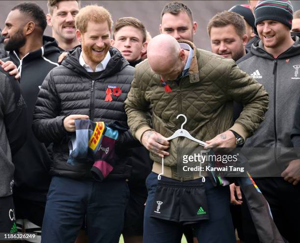 Prince Harry, Duke of Sussex and Gareth Thomas attend a Terrence Higgins Trust event ahead of National HIV Testing Week at Twickenham Stoop on...