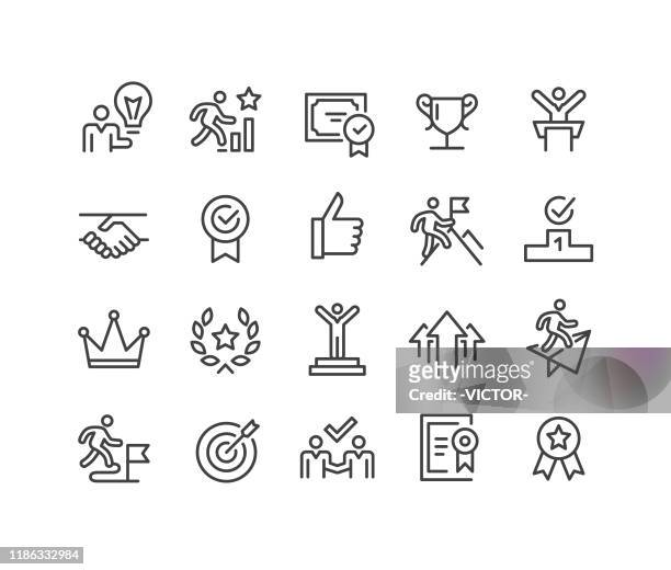 success and motivation icons - classic line series - winners podium stock illustrations