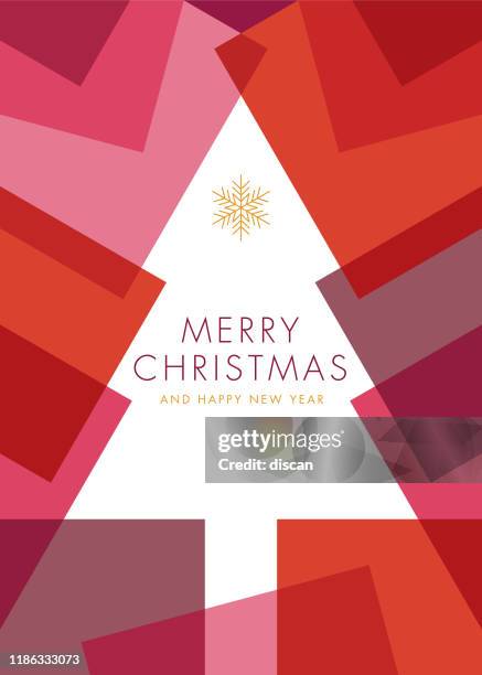 grußkarte mit geometrischen weihnachtsbaum - einladung - red abstract christmas tree stock-grafiken, -clipart, -cartoons und -symbole