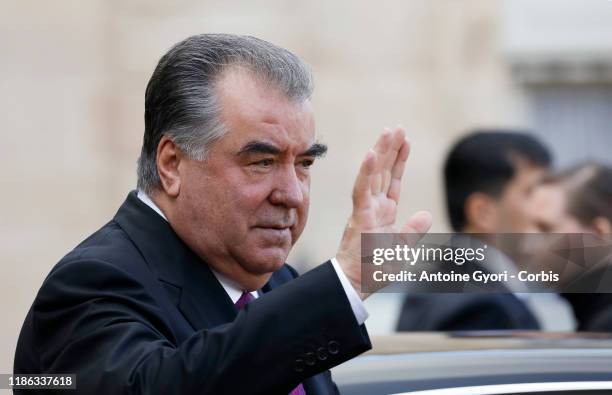 President of Tajikistan, Emomali Rahmon is welcomed by French President Emmanuel Macron at the Elysee Palace on November 8, 2019 in Paris, France.