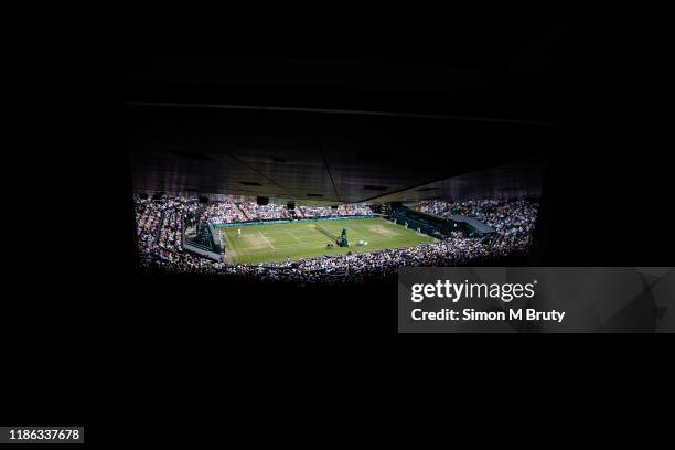 The view from the back of center court during the Men's Fourth Round match between Joao Sousa of Portugal and Rafael Nadal of Spain at The Wimbledon...