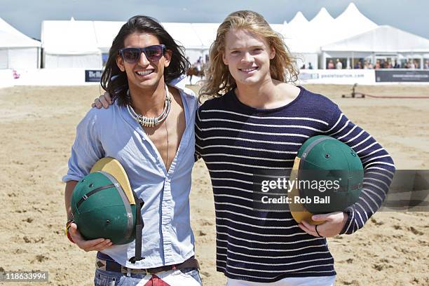 Ollie Locke and Fredrik Ferrier from Made in Chelsea attend the British Beach Polo Championships at Sandbanks Beach on July 9, 2011 in Poole, England.