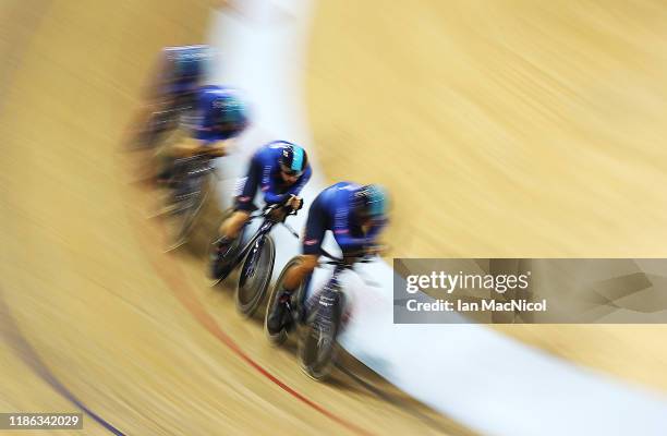 Francesco Lamon, Liam Bertazzo, Simone Consonni and Fillipo Ganna of Italy compete in the first round of the Men's Team Pursuit during Day One of The...