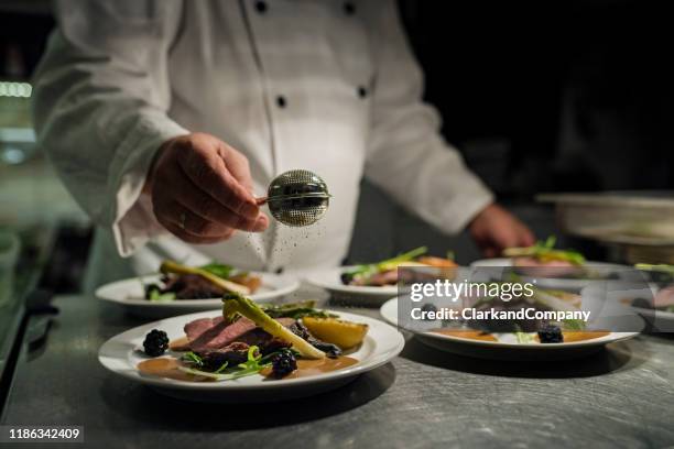 chef preparing a dish of venison with apple and seasonal vegetables. - main course stock pictures, royalty-free photos & images