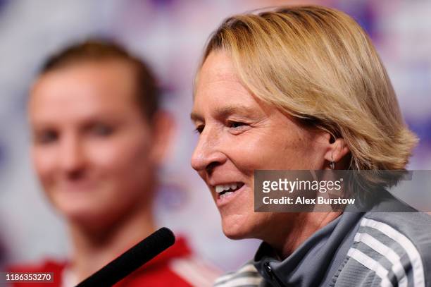 Martina Voss-Tecklenburg, Head Coach of Germany speaks to the media during a press conference on the eve of the Women's International Friendly...