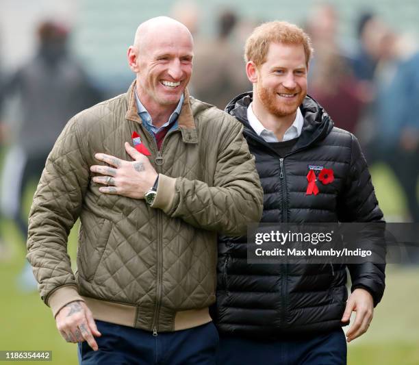 Prince Harry, Duke of Sussex and Gareth Thomas attend a Terrence Higgins Trust event ahead of National HIV Testing Week at Twickenham Stoop on...