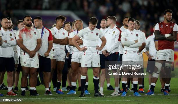 The England look dejected after their defeat during the Rugby World Cup 2019 Final between England and South Africa at International Stadium Yokohama...